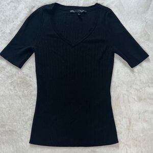White House Black Market Ribbed V-Neck Knit Sweater Black Top S Elbow Sleeve